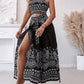 2 Pieces Outfits Tribal Print Keyhole Neck Sleeveless Top and Wide Leg Tied Detail Slit Pants Sets