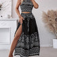 2 Pieces Outfits Tribal Print Keyhole Neck Sleeveless Top and Wide Leg Tied Detail Slit Pants Sets