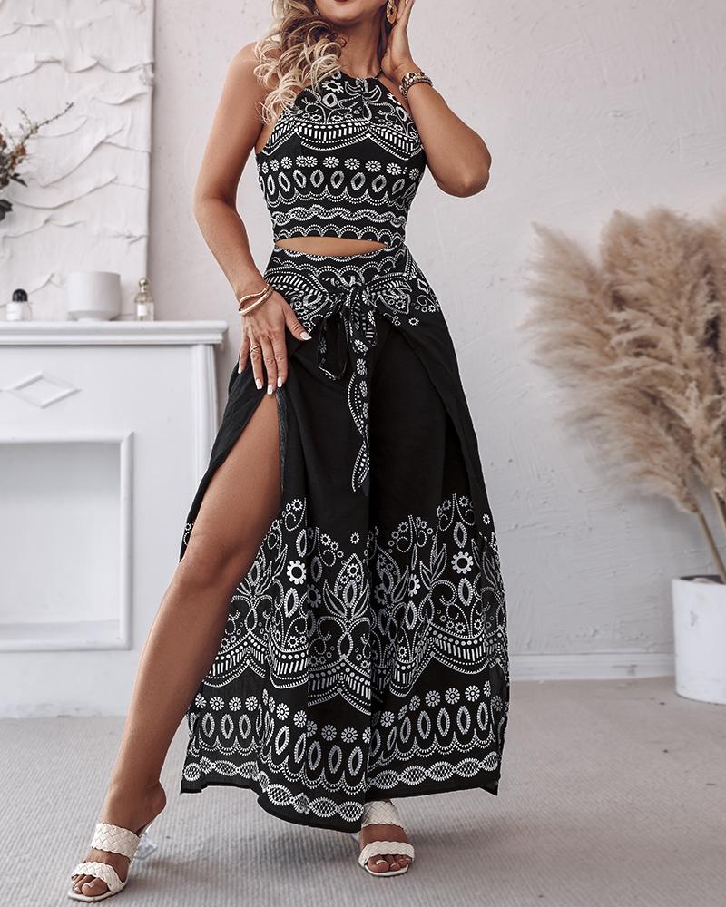 2 Pieces Outfits Tribal Print Keyhole Neck Sleeveless Top and Wide Leg Tied Detail Slit Pants Sets