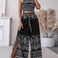 2 Pieces Outfits Tribal Print Keyhole Neck Sleeveless Top and Wide Leg Tied Detail Slit Pants Sets