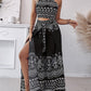 2 Pieces Outfits Tribal Print Keyhole Neck Sleeveless Top and Wide Leg Tied Detail Slit Pants Sets