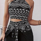 2 Pieces Outfits Tribal Print Keyhole Neck Sleeveless Top and Wide Leg Tied Detail Slit Pants Sets