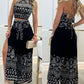 2 Pieces Outfits Tribal Print Keyhole Neck Sleeveless Top and Wide Leg Tied Detail Slit Pants Sets