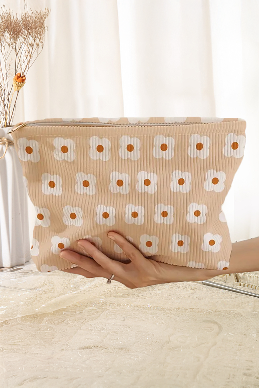 Parchment Flowers Print Textured Corduroy Large Makeup Bag