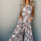 Sky Blue Floral Sleeveless Buttoned Pocketed Wide Leg Jumpsuit