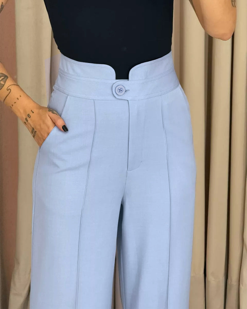 High Waist Single Button Straight Leg Pants With Pockets