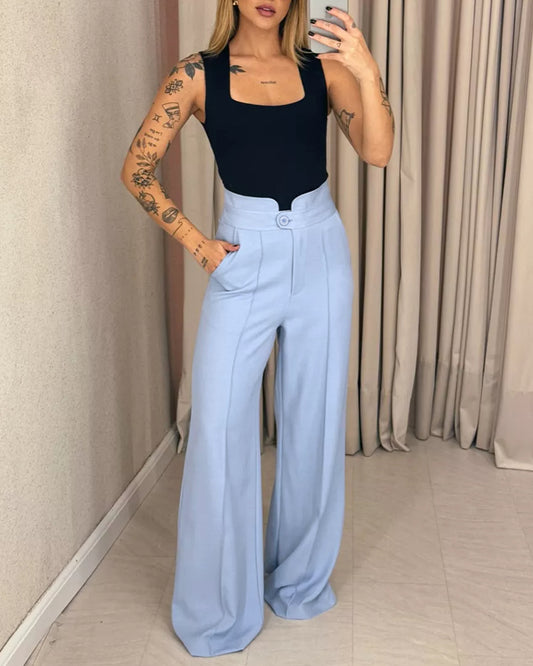 High Waist Single Button Straight Leg Pants With Pockets
