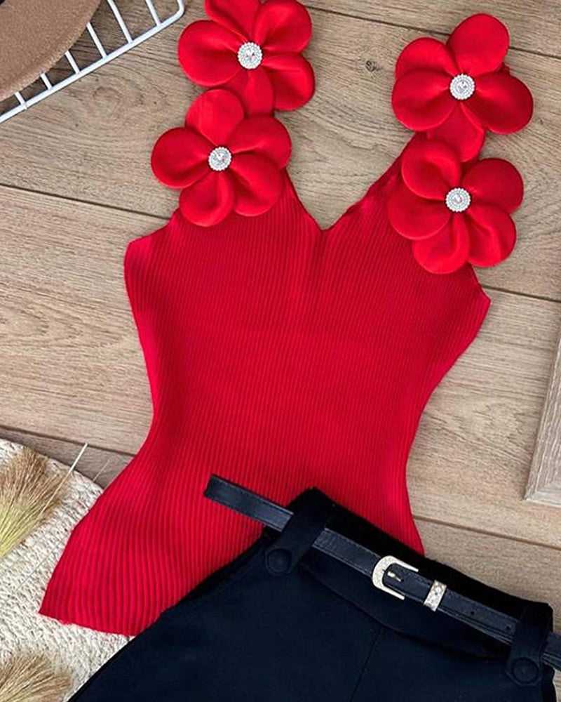 Floral Pattern Beaded Rhinestone Tank