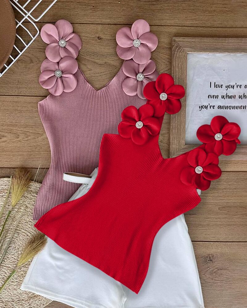 Floral Pattern Beaded Rhinestone Tank