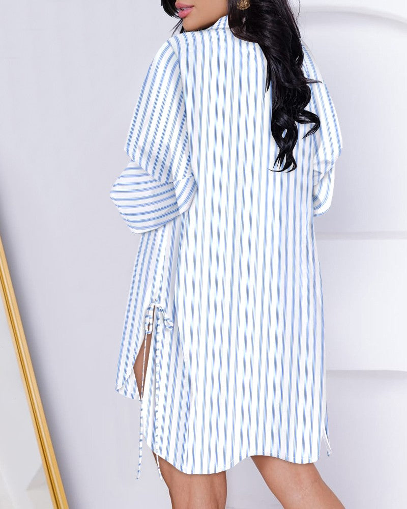 Striped Side Tied Detail Dip Hem Shirt Dress