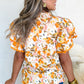 Russet Orange Ruffled V Neck Scalloped Short Sleeve Floral Blouse