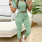 2 Piece Round Neck Short Sleeve Top Drawstring Shirred Pants with Pocket Casual Pants Set
