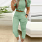 2 Piece Round Neck Short Sleeve Top Drawstring Shirred Pants with Pocket Casual Pants Set