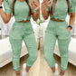 2 Piece Round Neck Short Sleeve Top Drawstring Shirred Pants with Pocket Casual Pants Set