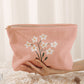 Peach Blossom Flower Print Textured Corduroy Large Cosmetic Bag