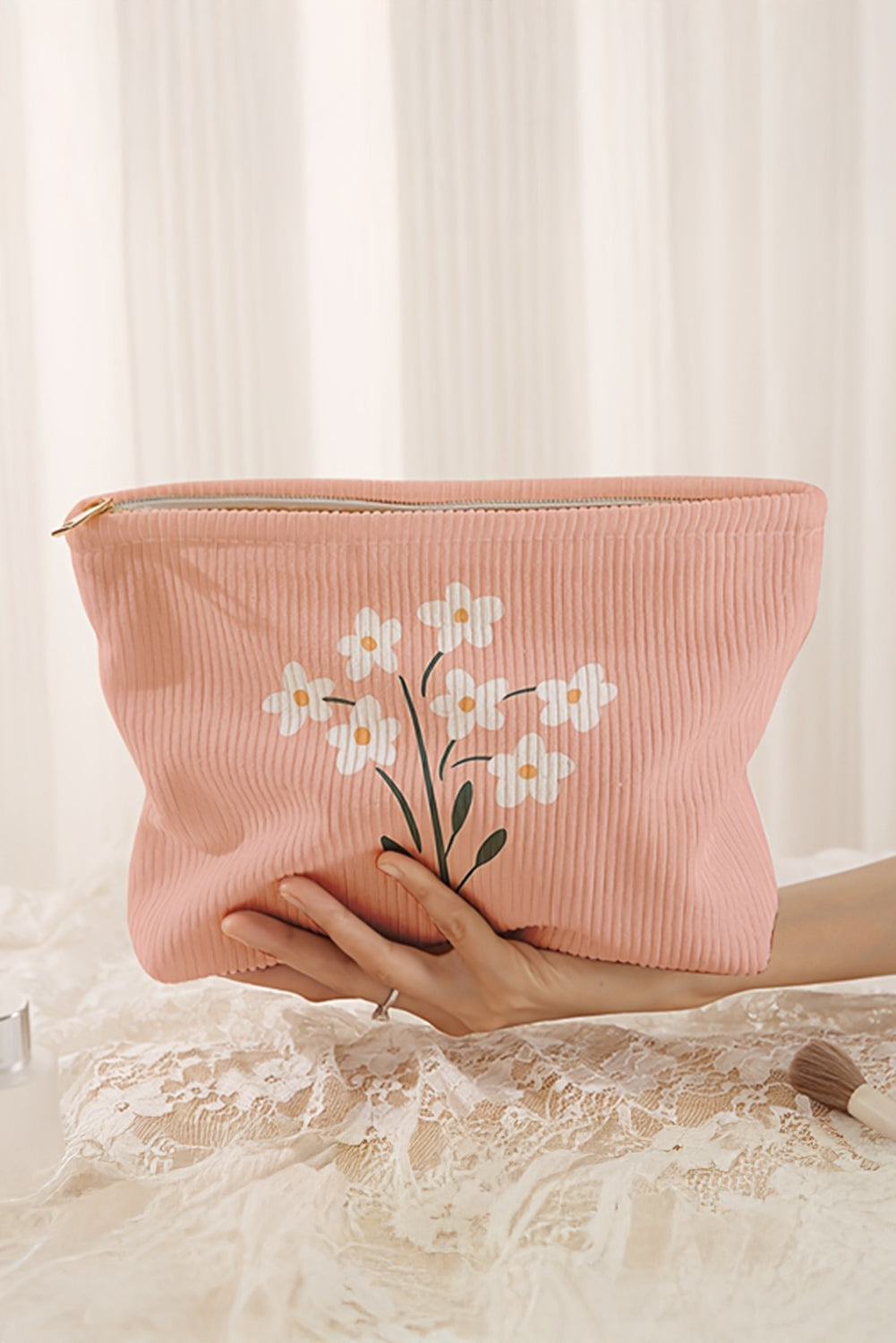 Peach Blossom Flower Print Textured Corduroy Large Cosmetic Bag