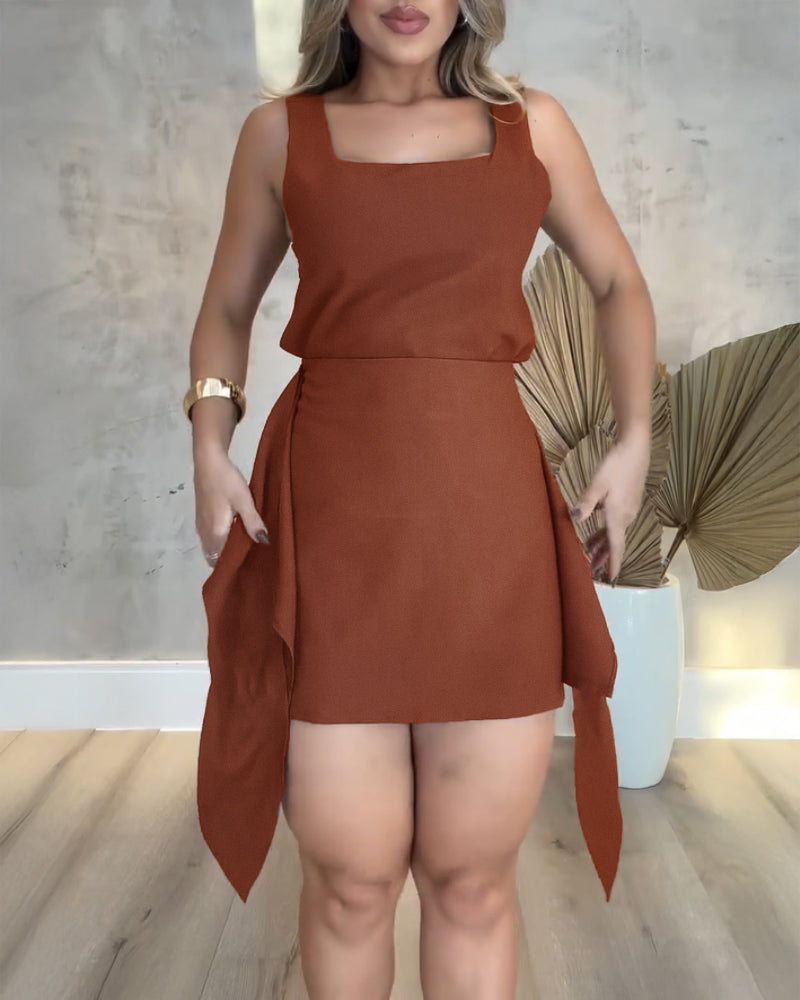 Square Neck Sleeveless Lace up Zipper Skirt Sets