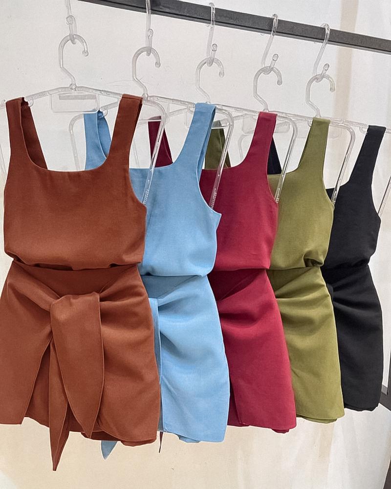 Square Neck Sleeveless Lace up Zipper Skirt Sets