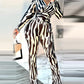 Colorblock Zebra Stripe Print V Neck Long Sleeve Jumpsuit Casual Tied Detail Wide Leg Romper