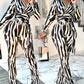 Colorblock Zebra Stripe Print V Neck Long Sleeve Jumpsuit Casual Tied Detail Wide Leg Romper