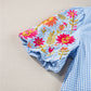 Light Blue Gingham Floral Embroidered Puff Sleeve Blouse