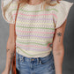 Oatmeal Colorful Striped Eyelet Knit Ruffled Sleeve Sweater T Shirt
