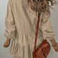 Tan Puff Sleeve Buttoned Tiered Pleated Shirt Mini Dress