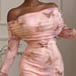 Butterfly Print Off Shoulder Long Bell Sleeve Midi Dress Sexy Slim Fit Fishtail Dress
