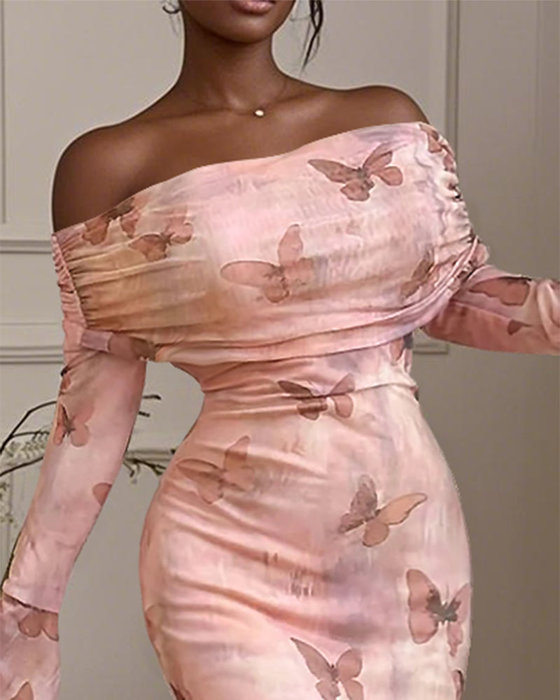 Butterfly Print Off Shoulder Long Bell Sleeve Midi Dress Sexy Slim Fit Fishtail Dress