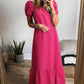 Rose Ginham Check Bubble Sleeve Ruffled Maxi Dress