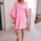 Bright Pink Balloon Sleeve Button Up Mini Shirt Dress