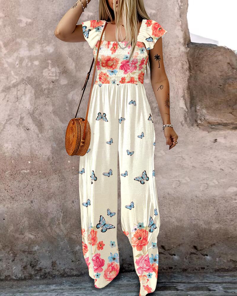 Floral Print Ruffles Strap Shirred Jumpsuit Casual Pockets Design Romper
