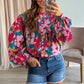 Red Floral Printed Balloon Sleeve Half Buttons Blouse