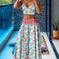 2 Pieces Outfit Floral Print Halter V Neck Crop Tank and Casual Shirred Maxi Skirt with Pockets