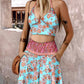 2 Pieces Outfit Floral Print Halter V Neck Crop Tank and Casual Shirred Maxi Skirt with Pockets