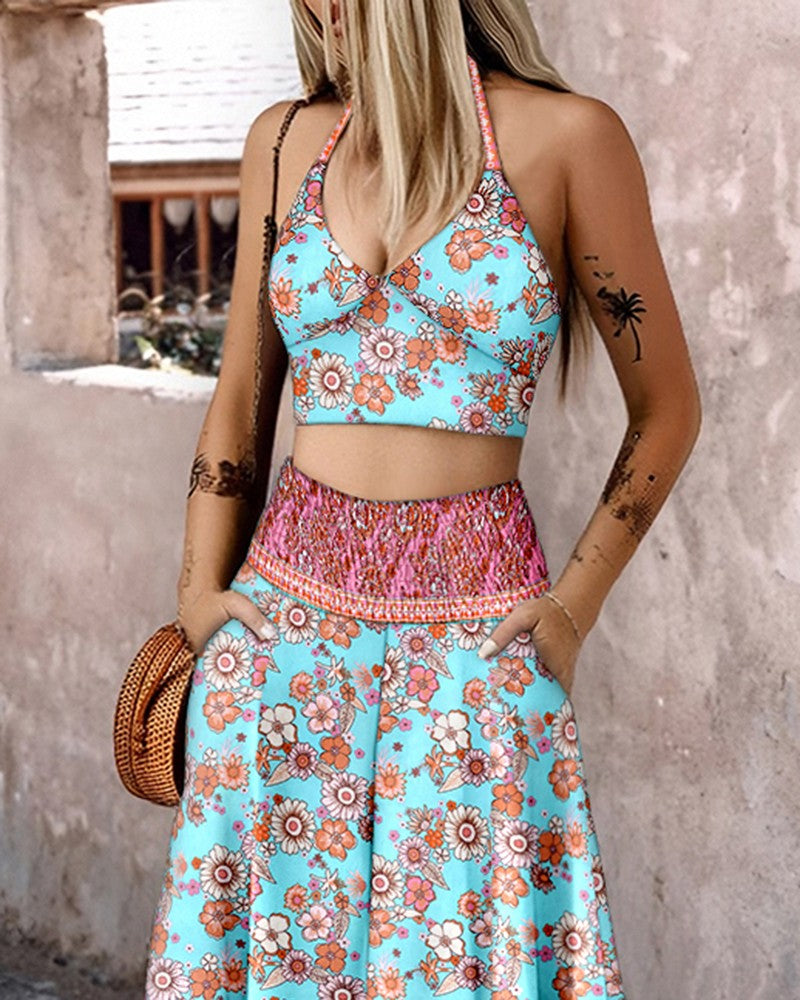 2 Pieces Outfit Floral Print Halter V Neck Crop Tank and Casual Shirred Maxi Skirt with Pockets