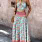 2 Pieces Outfit Floral Print Halter V Neck Crop Tank and Casual Shirred Maxi Skirt with Pockets