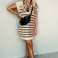 Khaki Stripe Color Block Quarter Zip Collar Short Sleeve Sweater Dress