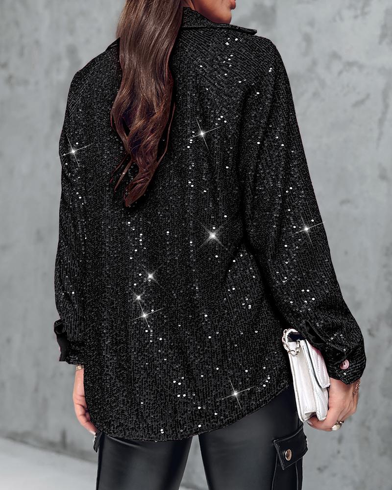 Allover Sequin Button down Long Sleeve Shirt Top