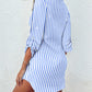 Striped Turn down Collar Rhinestone Shirt Dress Long Sleeve Buttoned Mini Dress