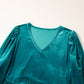 Sea Green Velvet V Neck Peplum Hem Puff Sleeve Blouse