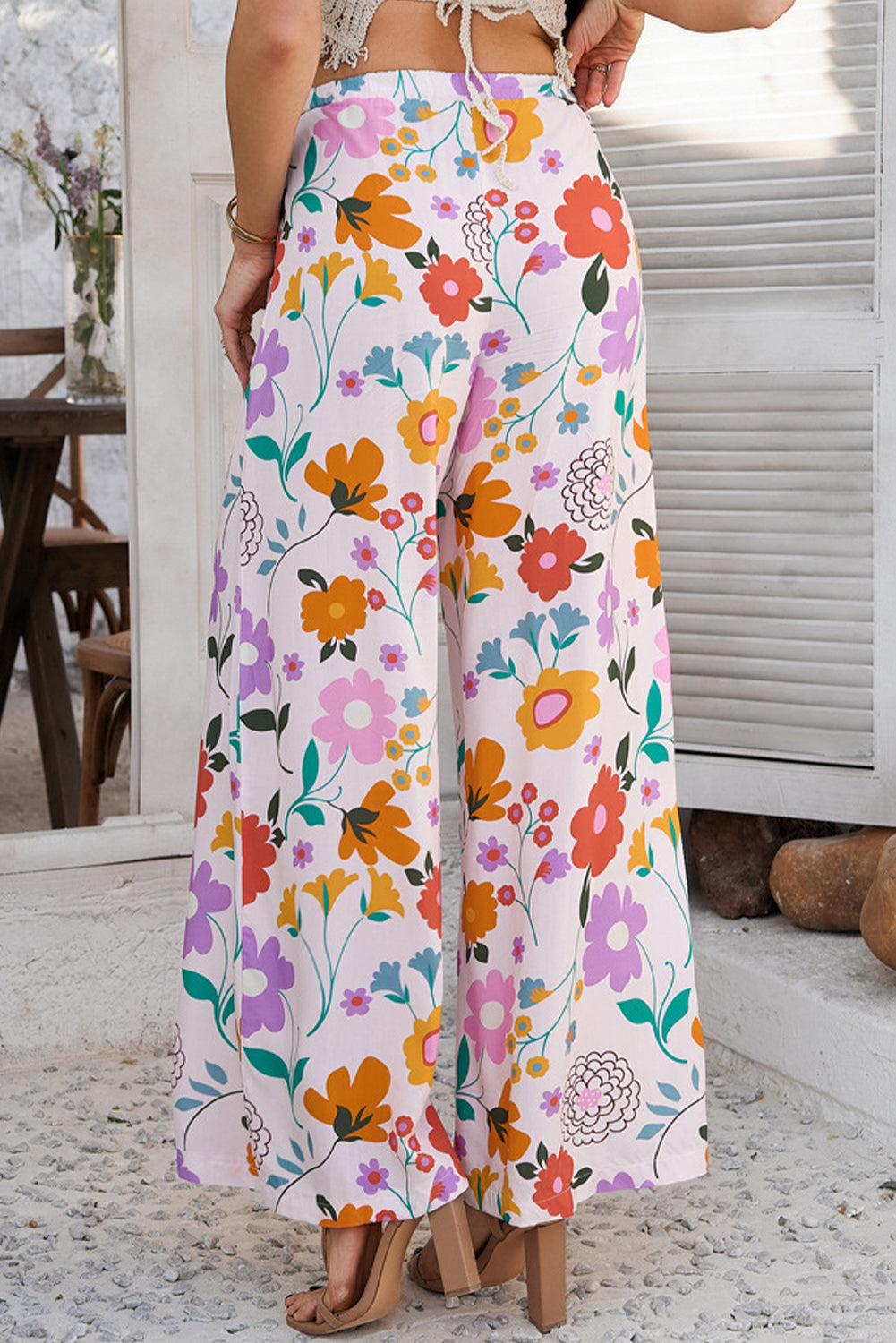 Pink Boho Print Wide Leg High Waist Casual Pants