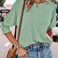 Round Neck Three Quarters Shirred Lantern Sleeve Softy T Shirt Casual Tee