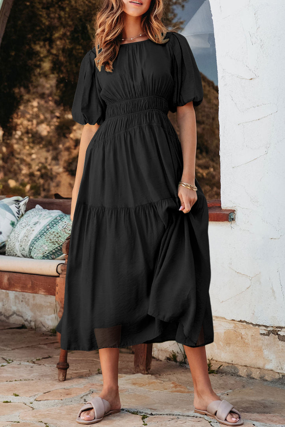 Black Puff Sleeve Pleated High Waist Flowy Long Dress