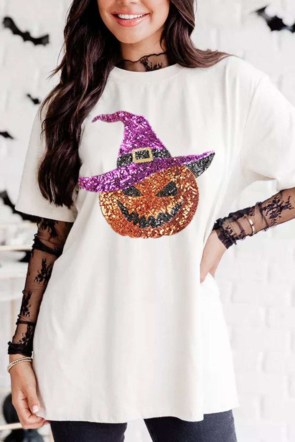 White Halloween Sequined Pumpkin Crewneck Graphic Tee
