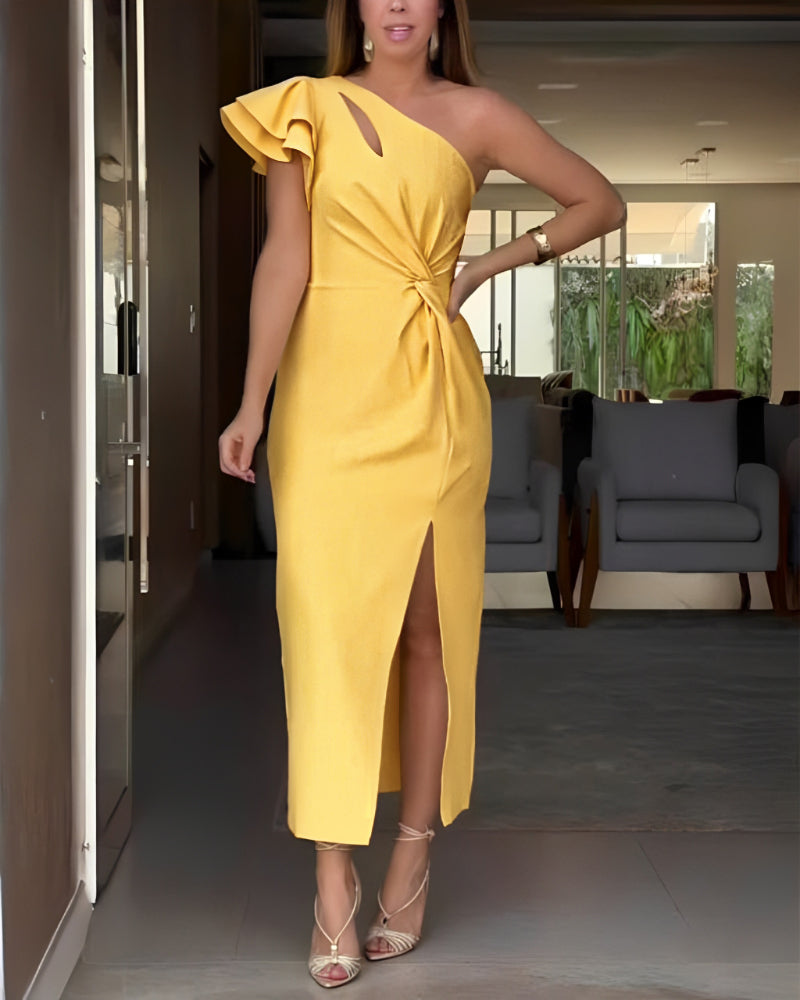 Asymmetrical Neck Ruffles Hollow out Dress Casual Twist Slit Maxi Dress