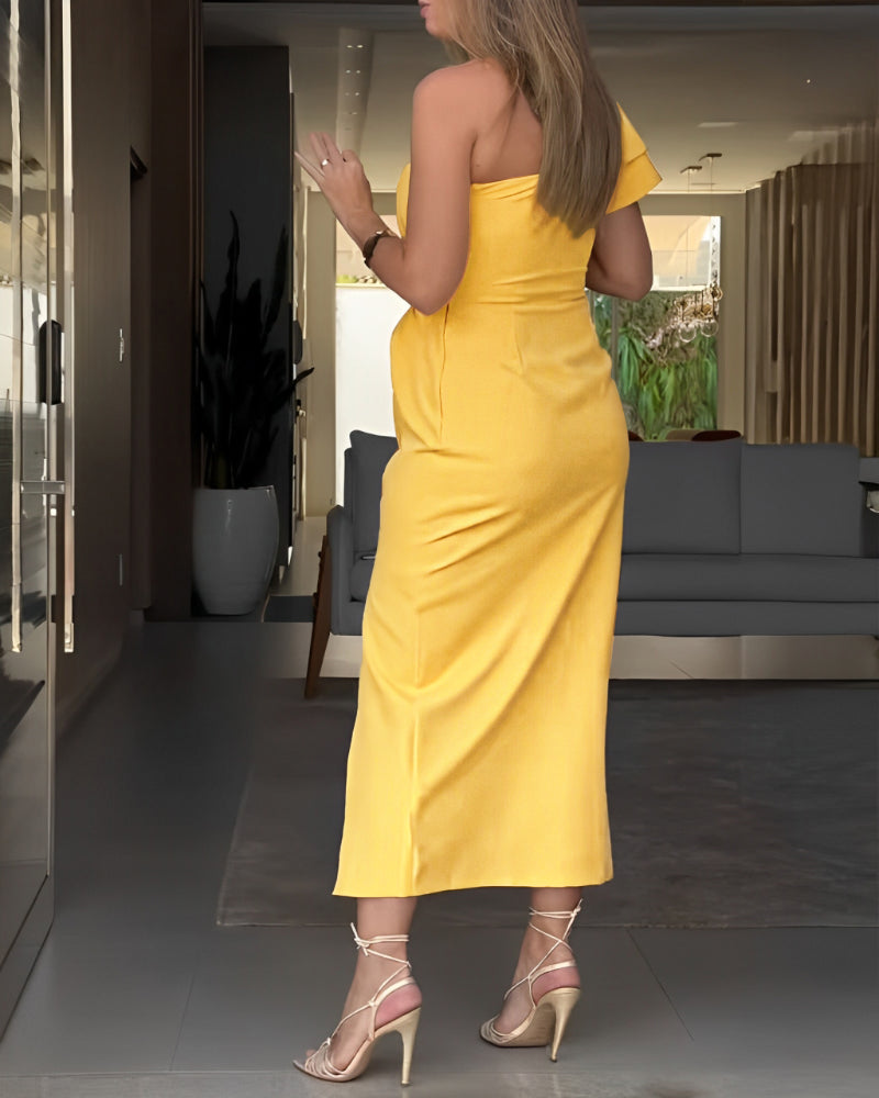 Asymmetrical Neck Ruffles Hollow out Dress Casual Twist Slit Maxi Dress