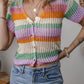 Orange Colorblock Striped Pointelle Knit V Neck Buttoned Crop Short Sleeve Sweater