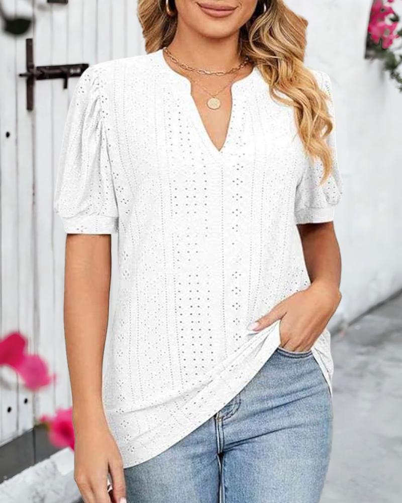 Lace V Neck Short Sleeve Blouse Casual Hollow Out Summer Business Top