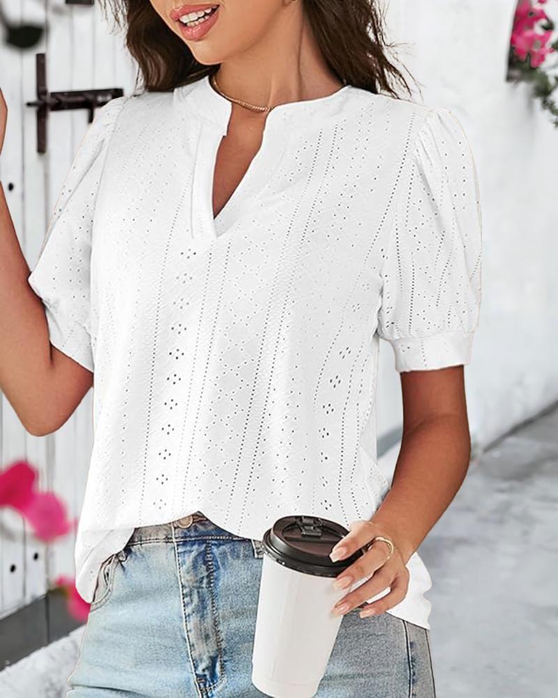 Lace V Neck Short Sleeve Blouse Casual Hollow Out Summer Business Top